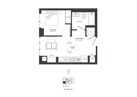 Floor plan for 1 bed, 1 bath, 463 sqft